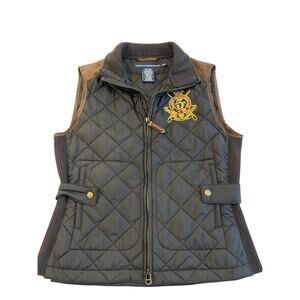 Ralph Lauren Sport Quilted Vest Womens M Equestrian Crest Leather Trim Full Zip